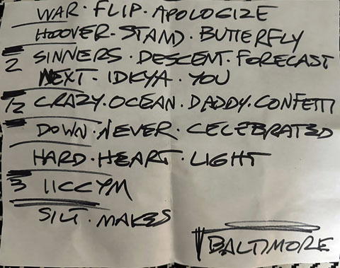 Handwritten setlist: Ottobar, Baltimore MD, 24 Sep 2025