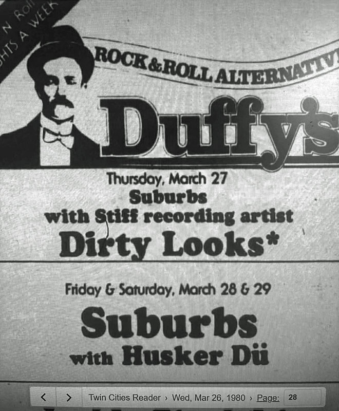 H&uuml;sker D&uuml; 28-29 Mar 1980 print ad (Duffy's, Minneapolis)