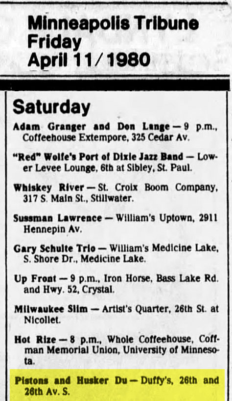 H&uuml;sker D&uuml; 12 Apr 1980 print ad (Duffy's, Minneapolis)