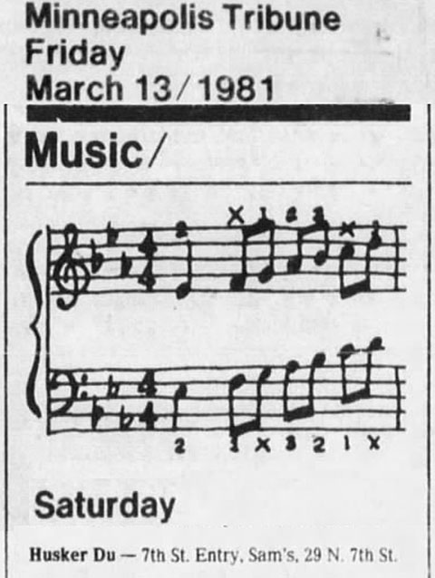 H&uuml;sker D&uuml; 14 Mar 1981 club listing (7th St Entry, Minneapolis)