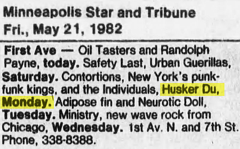 H&uuml;sker D&uuml; 24 May 1982 club listing (First Ave, Minneapolis)
